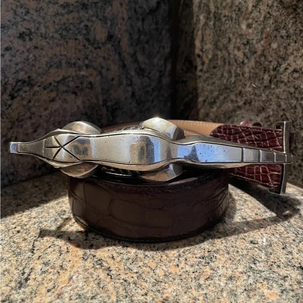 Rare! Kieselstein-Cord Sterling Long Gator Buckle With Brown Alligator Belt Sz 2
